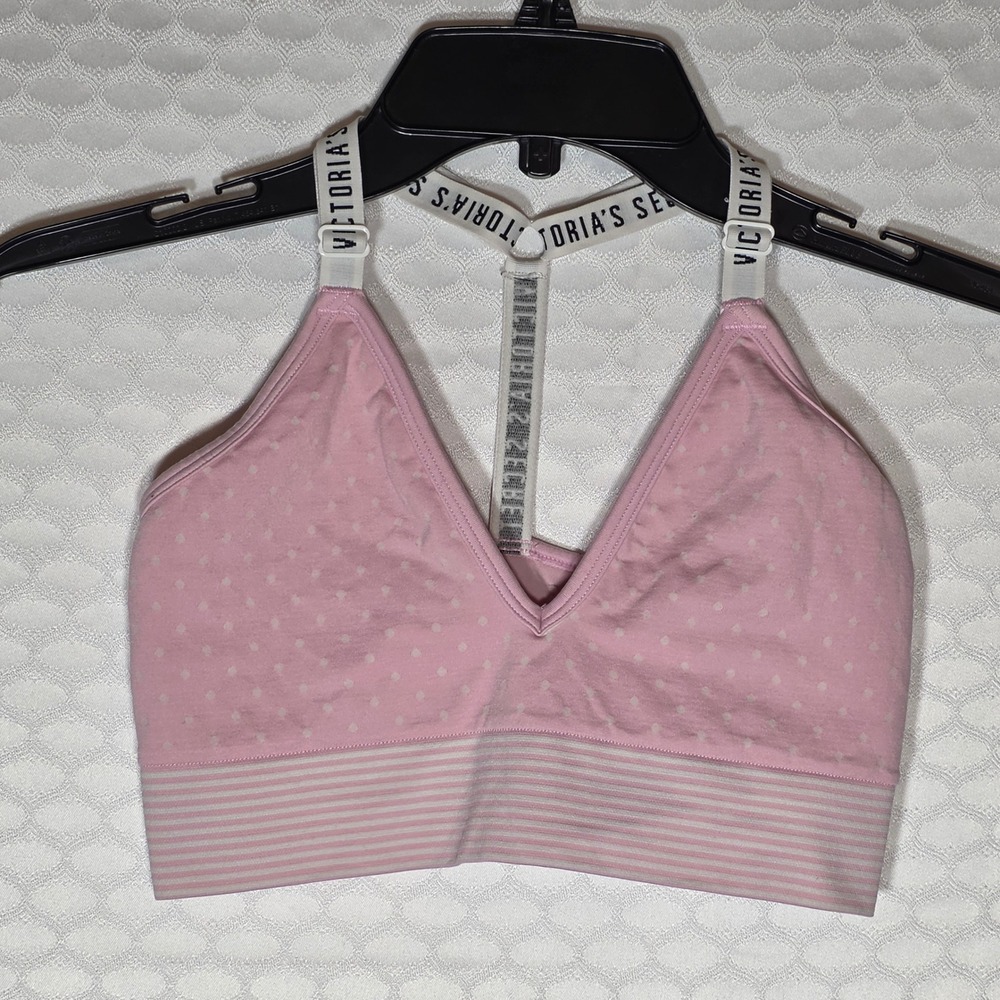 Victorias Secret Pink Swiss Dot T-Back Bralette Logo Straps Medium